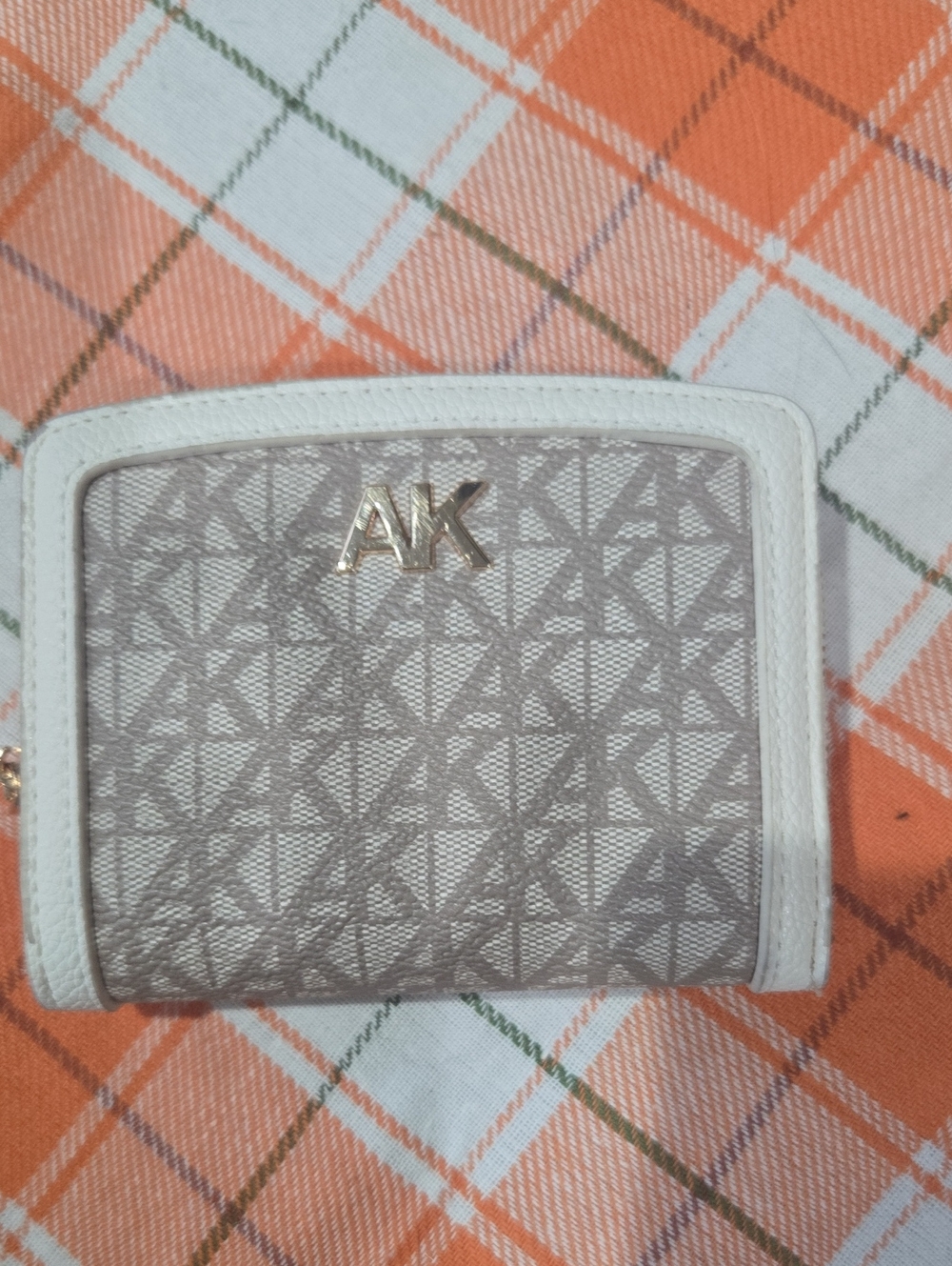 Anne Klein Pink A Boo Embossed Logo Wallet in White and Taupe